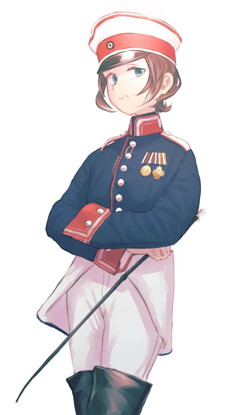 1girl armor blue_eyes blue_jacket boots brown_hair buttons closed_mouth crossed_arms faulds german_commentary hat highres jacket karasumi_(sumizono) looking_at_viewer medal military_jacket military_uniform original pants peaked_cap saber_(weapon) short_hair simple_background solo sword thigh_boots weapon white_background white_pants
