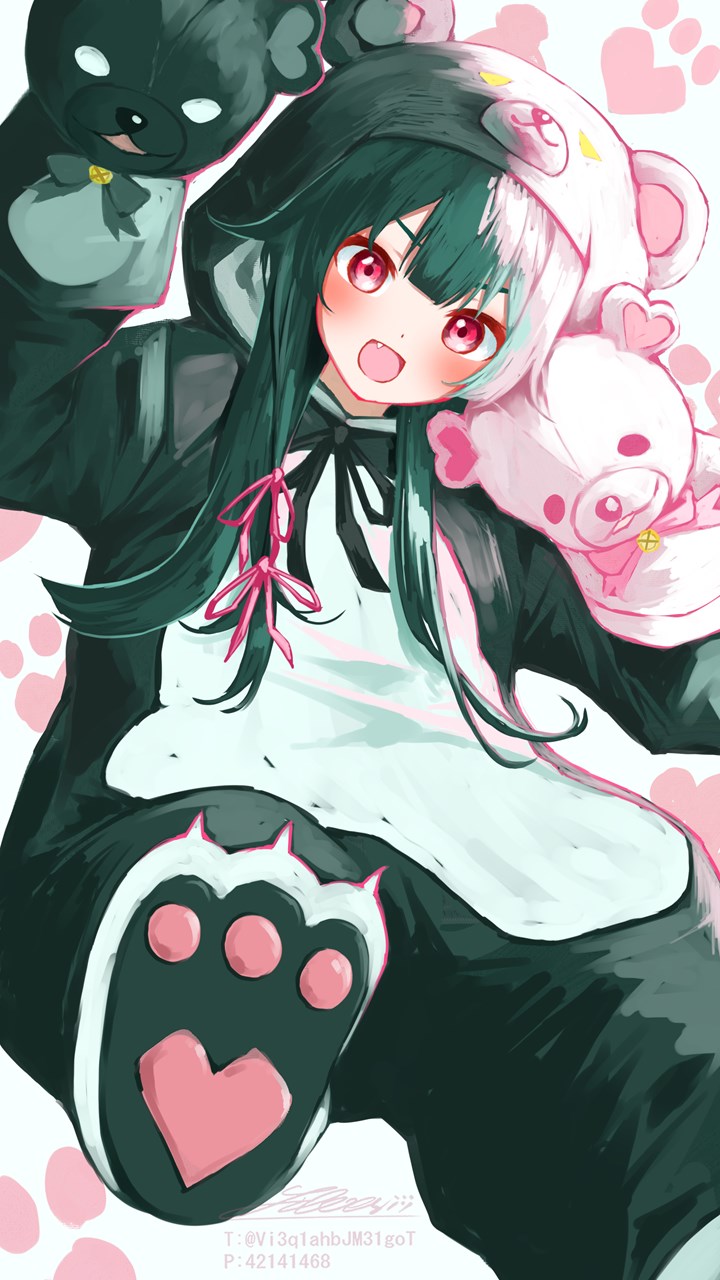 1girl :o animal_costume animal_ears animal_hood bear bear_costume bear_ears bear_hood bear_paws bear_slippers black_ribbon blush cosplay dot_nose fang foot_out_of_frame from_below green_hair hair_ribbon hand_puppet highres hood hood_up kigurumi kuma_kuma_kuma_bear long_bangs long_hair looking_at_viewer neck_ribbon open_mouth paw_print puppet rabbit_puppet red_eyes ribbon shirubaa sidelocks smile solo watermark yuna_(kuma_kuma_kuma_bear)