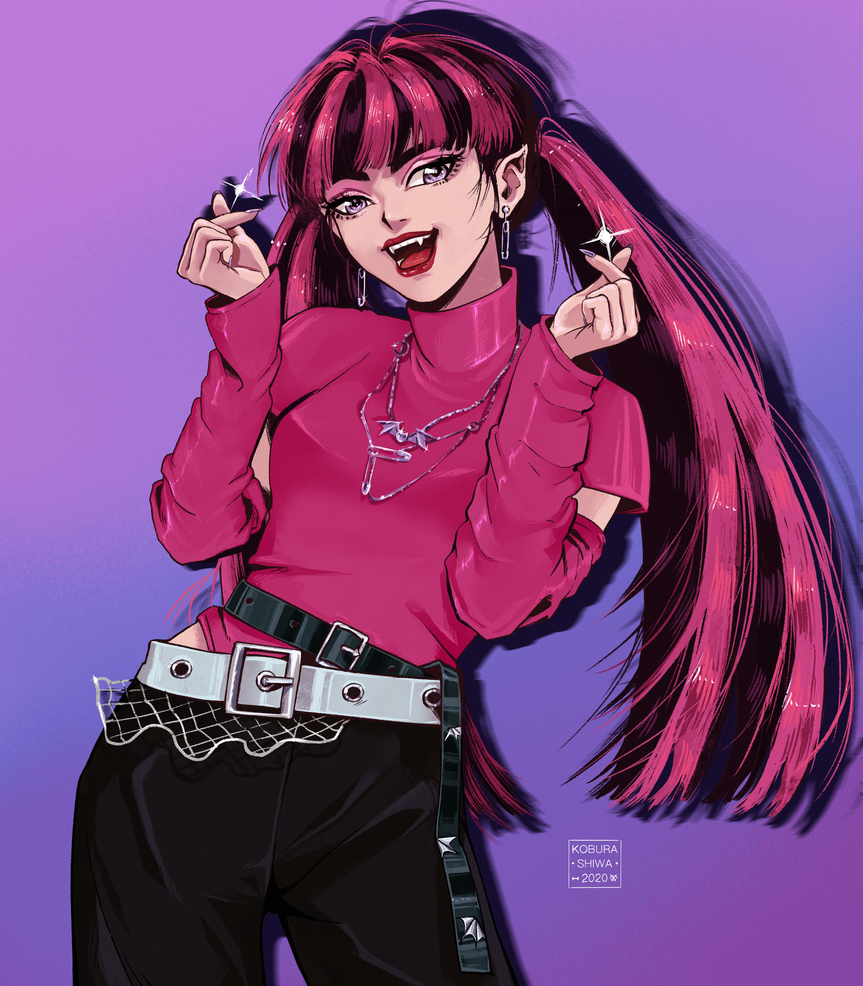 1girl absurdres alternate_costume belt black_hair black_pants detached_sleeves dracula draculaura earrings fangs gradient_background highres jewelry k-pop koburash1wa looking_at_viewer monster_high monster_high_(g1) multicolored_hair necklace open_mouth pants paperclip_earrings pink_hair pink_shirt pink_sleeves pointy_ears purple_eyes shirt solo twintails two-tone_hair y2k_fashion