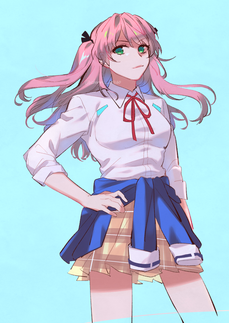 1girl aikawa_megumi breasts chanmi_159160 clothes_around_waist green_eyes heaven_burns_red jacket long_hair long_sleeves pink_hair plaid_clothes plaid_skirt pleated_skirt ribbon shirt skirt solo two_side_up white_shirt