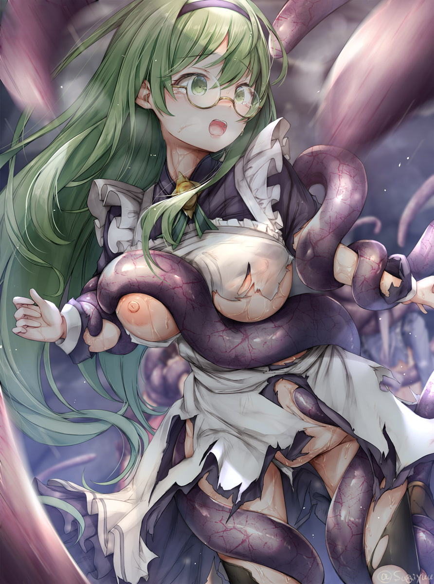 1girl black_dress blush breasts dress green_eyes green_hair highres karin_(princess_connect!) large_breasts long_hair long_sleeves motion_blur nipples open_mouth princess_connect! restrained sugiyuu tentacles torn_clothes torn_dress torn_legwear torn_sleeves