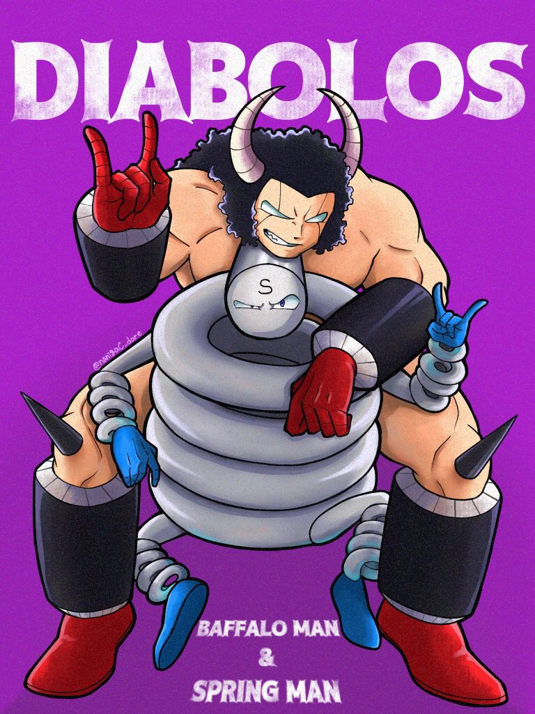 2boys biceps blank_eyes blue_gloves buffaloman character_name evil_smile floor gloves horns kinnikuman large_pectorals looking_at_viewer looking_up manly monster_boy multiple_boys muscular no_mouth pectorals purple_background red_gloves sitting smile spring_(object) springman_(kinnikuman) tag_team teamwork
