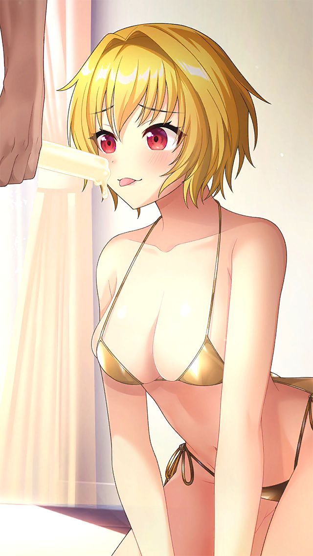 1girl bare_arms bikini blonde_hair blush breasts cleavage collarbone doukyuusei_(series) doukyuusei_another_world food game_cg hair_between_eyes hair_intakes halterneck horiide_mika indoors kakyuusei_(series) kakyuusei_2 kneeling large_breasts leaning_forward navel official_art popsicle red_eyes sexually_suggestive short_hair side-tie_bikini_bottom sideboob solo_focus straight_hair swimsuit tongue tongue_out yellow_bikini