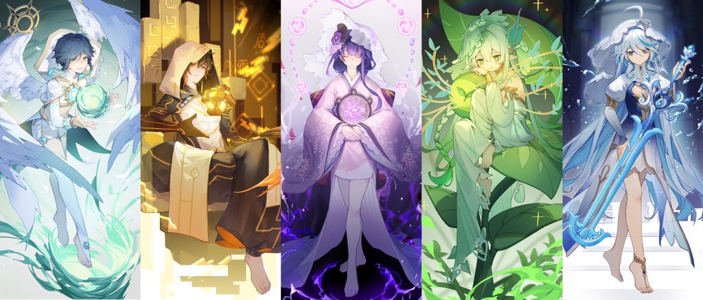 2boys 3girls ahoge arabian_clothes barefoot brown_hair chinese_clothes closed_eyes closed_mouth commentary dress english_commentary figure_four_sitting full_body furina_(genshin_impact) genshin_impact green_eyes holding holding_sword holding_weapon hood japanese_clothes kotatsu_kaya long_hair makoto_(genshin_impact) midriff multiple_boys multiple_girls plant pointy_ears purple_hair rock rukkhadevata_(genshin_impact) short_hair sitting smile statue_of_the_seven sword thighhighs throne two-tone_dress venti_(archon)_(genshin_impact) venti_(genshin_impact) weapon white_hair white_thighhighs white_wings wings zhongli_(archon)_(genshin_impact) zhongli_(genshin_impact)