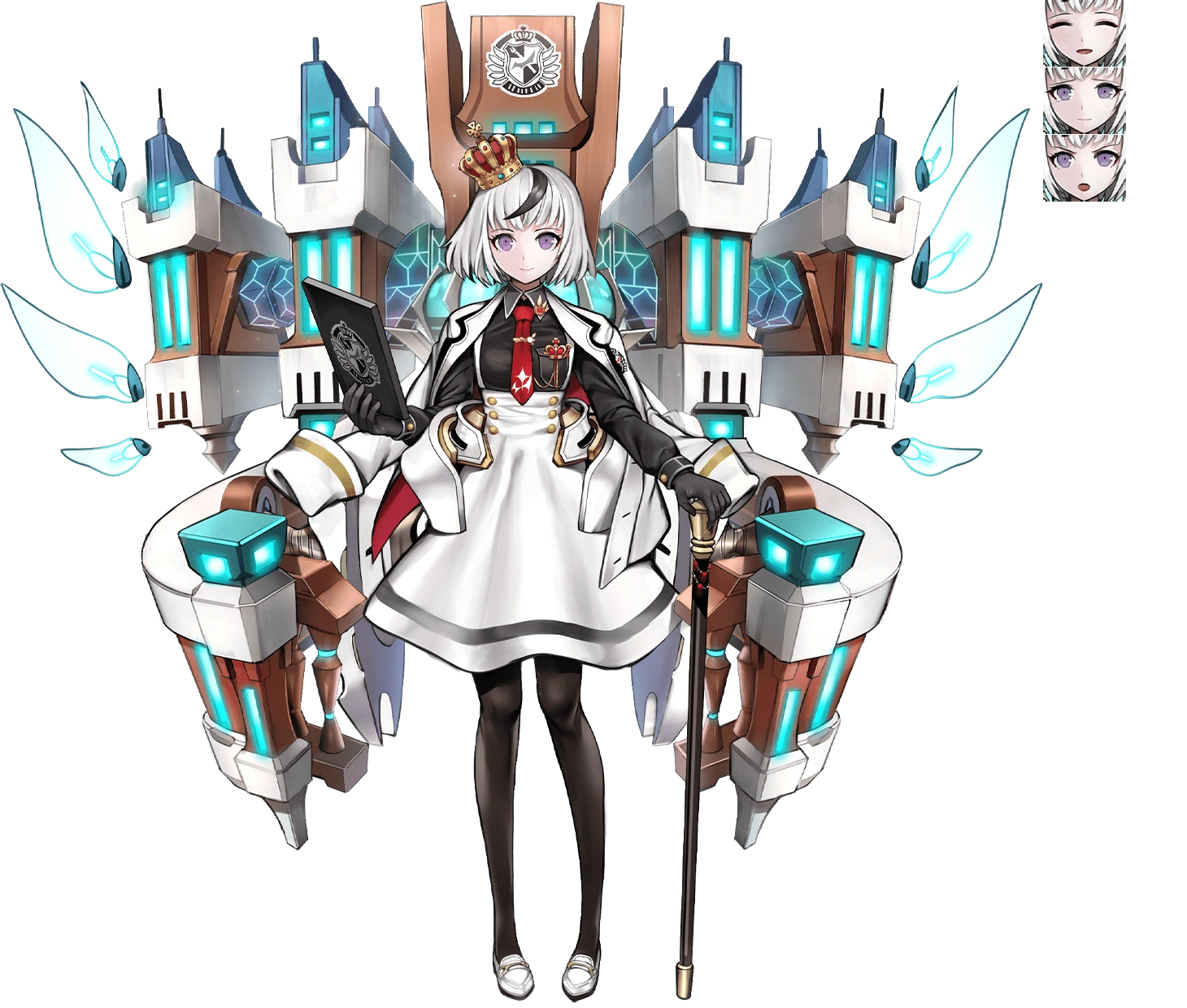 1girl black_gloves black_hair black_leggings book building cane capelet closed_eyes closed_mouth crossover crown danganronpa:_trigger_happy_havoc danganronpa_(series) dress eyebrows eyelashes facial_expressions female_focus formal_clothes gloves highres hime_cut holding holding_book hope's_peak_academy humanization kibogamine_gakuen leggings logo looking_at_viewer multicolored_hair necktie official_art open_mouth oshiro_project:re purple_eyes school solo solo_focus suit tagme transparent_background white_capelet white_dress white_footwear white_hair