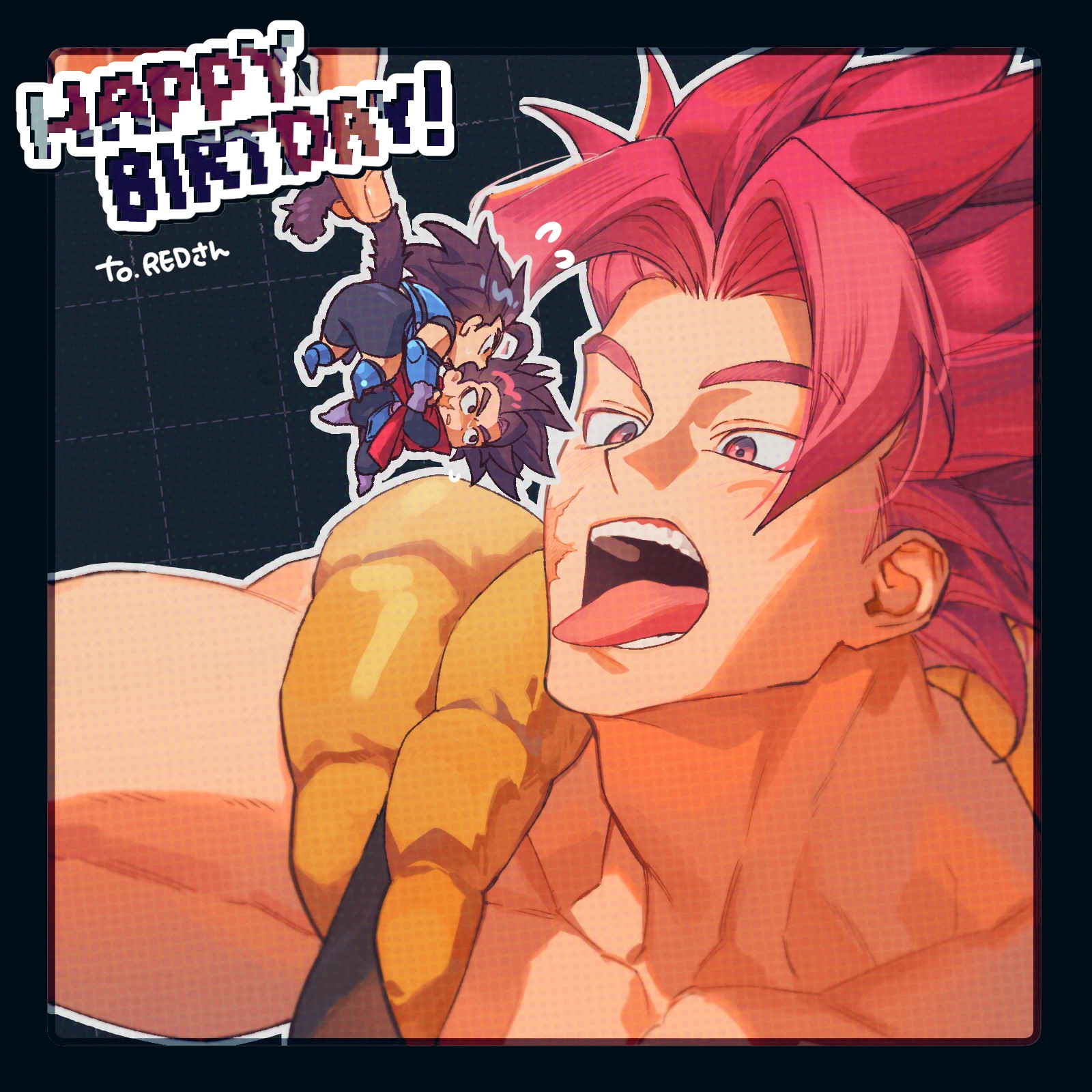 3boys armor black_border black_eyes black_hair black_shorts blue_armor border brothers chibi dragon_ball dragon_ball_legends facial_scar flying_sweatdrops giblet_(dragon_ball) happy_birthday highres holding_chibi hyong311 imminent_eating male_focus metamoran_vest monkey_boy monkey_tail multiple_boys muscular muscular_male open_mouth parted_bangs red_eyes red_hair saiyan saiyan_armor scar scar_on_cheek scar_on_face shallet_(dragon_ball) shallot_(dragon_ball) short_hair shorts siblings single_bang spiked_hair super_saiyan super_saiyan_god sweatdrop tail tongue tongue_out twins