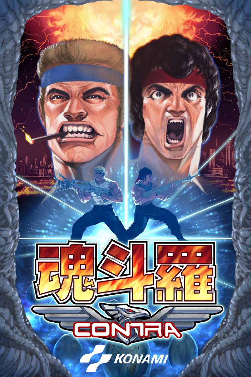 1980s_(style) 2boys :o alien bandana beam bill_rizer black_hair blonde_hair brown_hair building cannon cigarette cityscape clenched_teeth contra copyright_name curly_hair egg electricity energy_gun epic explosion fighting_stance fire glowing gun headband highres holding lance_bean lips logo male_focus manly mouth_hold multiple_boys muscular night night_sky nostalgia oggy_(oggyoggy) oldschool open_mouth pants retro_artstyle rifle science_fiction screaming short_hair sideburns sky smoking spread_legs squinting tank_top teeth weapon
