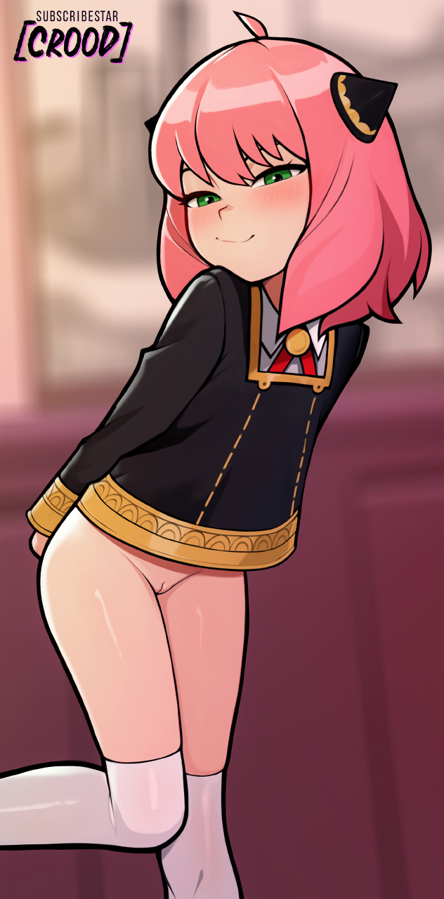 1girl anya_(spy_x_family) arms_behind_back artist_name black_dress blurry blurry_background blush bottomless closed_mouth depth_of_field dress green_eyes hair_ornament highres indoors loli long_sleeves loodncrood looking_at_viewer naughty_face no_panties pink_hair pussy school_uniform short_dress smile solo spy_x_family standing standing_on_one_leg thighhighs uncensored undersized_clothes white_thighhighs