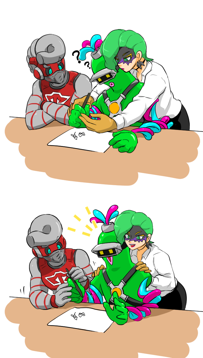 1girl 2koma ? ^^^ alternate_costume android arms_(game) blue_eyes choker comic dna_man_(arms) dr._coyle earrings goggles green_eyes green_hair hands_on_another&#039;s_shoulders highres jewelry mask monster nintendo open_mouth paper pompadour sitting smile springtron strap table teaching writing yellow_eyes