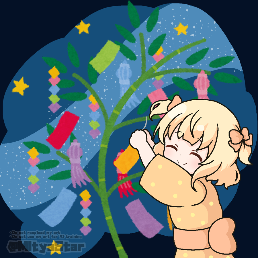 1girl ^_^ arms_up blonde_hair blush bow brown_bow brown_kimono chibi closed_eyes closed_mouth commentary_request gochuumon_wa_usagi_desu_ka? hair_bow japanese_clothes kimono kirima_syaro mitya obi polka_dot polka_dot_kimono sash smile solo star_(sky) star_(symbol) tanabata tanzaku two_side_up