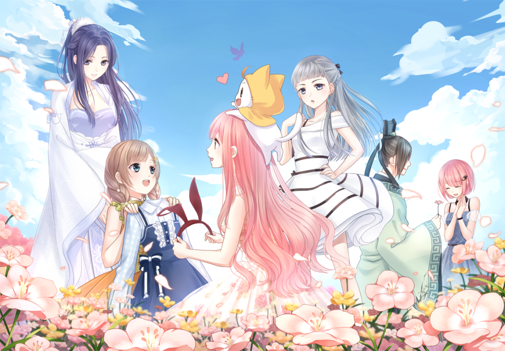1boy 5girls :o ahoge animal animal_ear_hairband animal_ears animal_on_head artist_request bai_jinjin bare_arms bare_legs bare_shoulders black_bow blue_dress blue_eyes blue_hair blue_hat blue_sky blunt_bangs bobo_(miracle_nikki) bow bra_strap braid breasts brown_eyes brown_hair bug butterfly cat cat_on_head chinese_clothes cleavage cloak closed_mouth clothed_animal cloud couple detached_sleeves dress dress_bow ear_covers eyelashes fake_animal_ears field floral_print flower flower_field frilled_dress frills full_body game_cg green_bow green_hanfu grey_eyes grey_hair hair_bow hair_ornament hair_over_shoulder hair_scrunchie hairband hairclip hand_on_own_hip hand_on_own_shoulder hanfu happy hat hetero holding_hairband hood hood_up hooded_cloak insect kimi_(miracle_nikki) kneeling knees light_particles lips long_hair long_sidelocks long_sleeves looking_at_another lunar_(miracle_nikki) medium_dress miracle_nikki momo_(nikki) multiple_girls nikki_(nikki) nikki_(series) off-shoulder_dress off_shoulder official_art on_head open_mouth orange_dress own_hands_together parted_bangs pink_flower pink_hair pink_lips pleated_dress ponytail puffy_short_sleeves puffy_sleeves purple_hanfu rabbit_ear_hairband rabbit_ears red_hairband robe rose_print scrunchie see-through_clothes see-through_sleeves short_dress short_hair short_sleeves sidelocks sky sleeveless sleeveless_dress sleeves_past_wrists smile standing striped_clothes striped_dress swept_bangs teeth third-party_source twin_braids upper_teeth_only very_long_hair wavy_hair whiskers white_cat white_dress white_robe white_scrunchie white_sleeves wide_sleeves yellow_cloak yellow_flower zhong_lizi