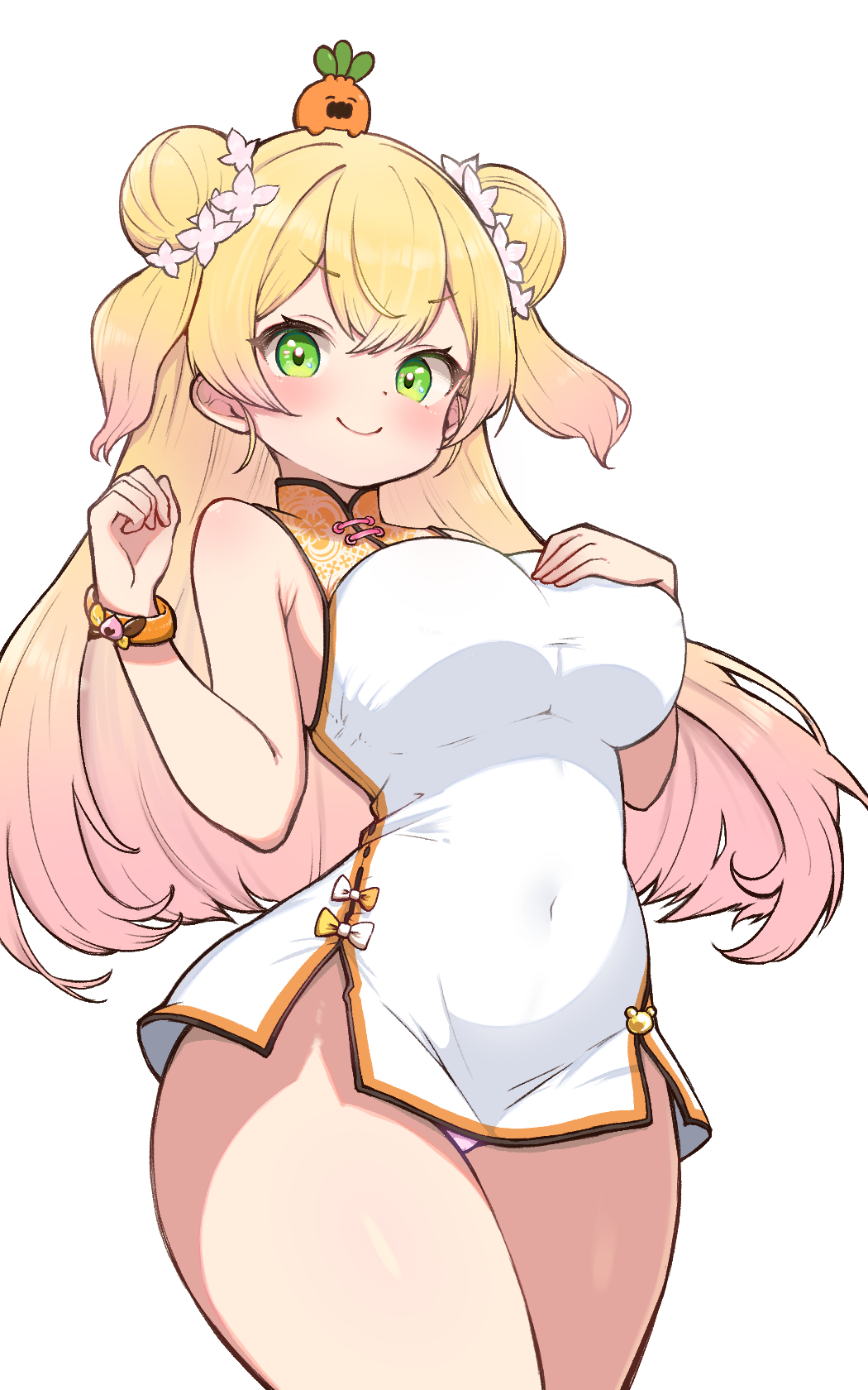 1girl armpit_crease bare_arms blonde_hair bow bowtie bracelet breasts cameltoe china_dress chinese_clothes closed_mouth covered_navel cowboy_shot dot_nose double_bun dress drop_shadow floating_hair furrowed_brow gradient_hair green_eyes groin hair_between_eyes hair_bun hand_on_own_chest hands_up highres hololive impossible_clothes jewelry kani_bonara large_breasts light_blush long_hair looking_at_viewer momosuzu_nene momosuzu_nene_(1st_costume) multicolored_hair nekko_(momosuzu_nene) no_legwear panties panty_peek pink_hair pink_panties side_slit sidelocks simple_background smile smug solo standing taut_clothes taut_dress thighs two_side_up underwear very_long_hair virtual_youtuber white_background white_dress