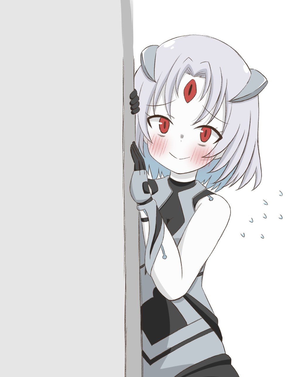 1girl arm_up assault_lily bare_shoulders black_bodysuit black_gloves blush bodysuit closed_mouth colored_skin commentary_request flying_sweatdrops gloves grey_gloves grey_hair hand_up highres looking_at_viewer medium_hair peeking_out raised_eyebrows red_eyes rusalka_(assault_lily) simple_background sleeveless sleeveless_bodysuit smile solo standing third_eye two-tone_bodysuit two-tone_gloves unu_(yayoinoasagohan) upper_body white_background white_skin