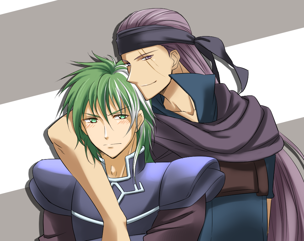 2boys armor bad_proportions blush fire_emblem fire_emblem:_the_blazing_blade green_eyes green_hair headband heath_(fire_emblem) kakiko210 legault_(fire_emblem) long_hair male_focus multicolored_hair multiple_boys nintendo poorly_drawn purple_eyes purple_hair scar two-tone_hair white_hair yaoi