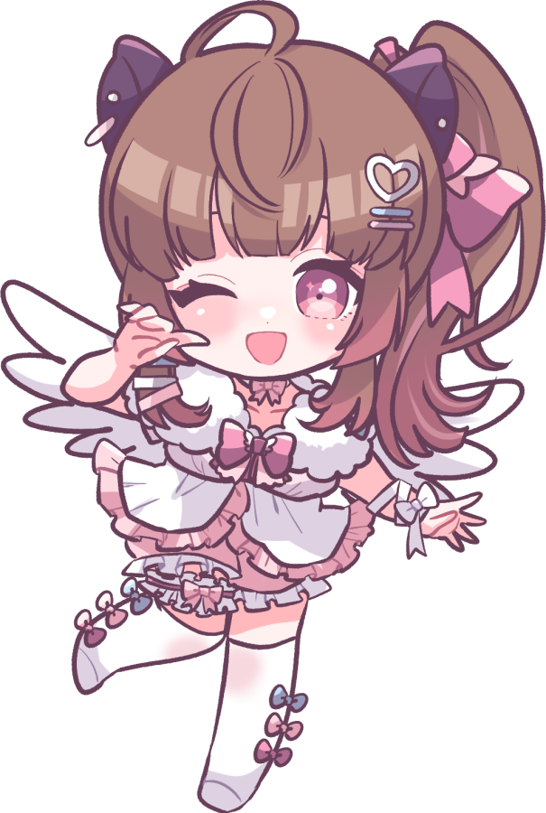 1girl :d animal_ears blue_bow blush bow bow_legwear brown_hair capybara_ears chibi commentary_request frilled_shirt frilled_skirt frills full_body hair_ornament hairclip heart heart_hair_ornament kino_haruc long_hair looking_at_viewer nanashi_inc. one_eye_closed one_side_up open_mouth pink_bow pink_eyes pink_skirt shirt simple_background skirt smile solo thighhighs transparent_background virtual_youtuber white_bow white_shirt white_thighhighs wrist_bow yunohara_izumi