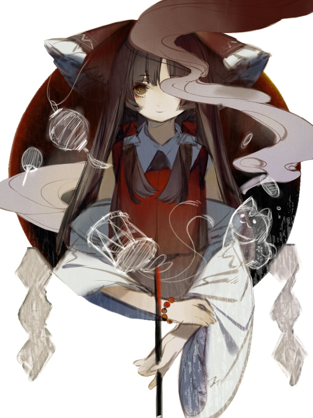 1girl ascot bow cat detached_sleeves frilled_bow frilled_hair_tubes frills gas gohei hair_bow hair_tubes hakurei_reimu highres red_bow ribbon-trimmed_sleeves ribbon_trim skirt skirt_set solo touhou white_background yellow_ascot zhixie_jiaobu