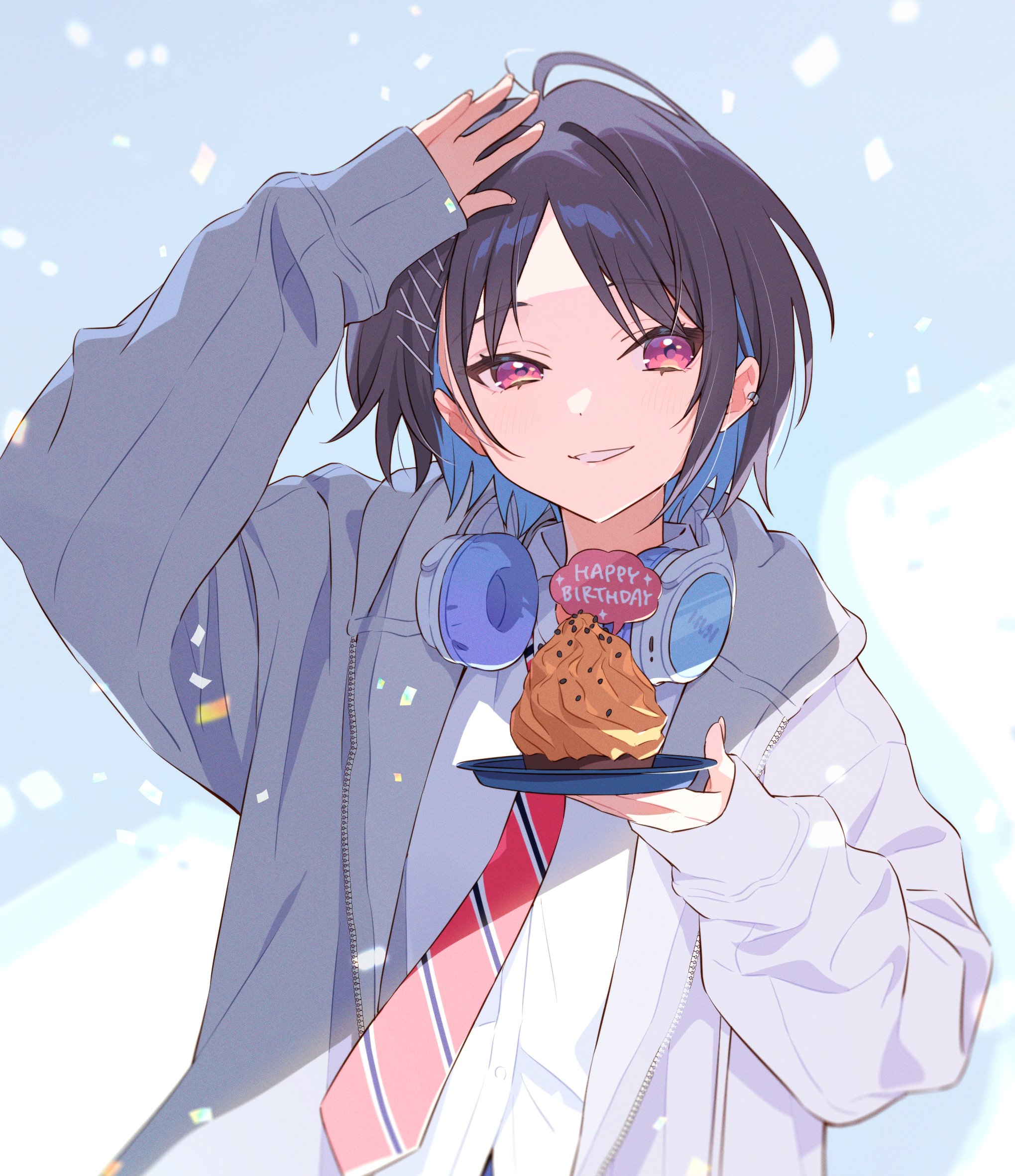 1girl ahoge birthday black_hair blush dessert diagonal-striped_clothes diagonal-striped_necktie food gakuen_idolmaster grey_jacket hair_ornament hairclip happy_birthday headphones headphones_around_neck hechima_(issindotai) highres holding holding_plate hood hooded_jacket idolmaster jacket long_sleeves looking_at_viewer mashiro_yu mont_blanc_(food) necktie open_mouth plate red_eyes red_necktie school_uniform shirt short_hair sleeves_past_wrists smile solo striped_clothes striped_necktie tart_(food) white_shirt