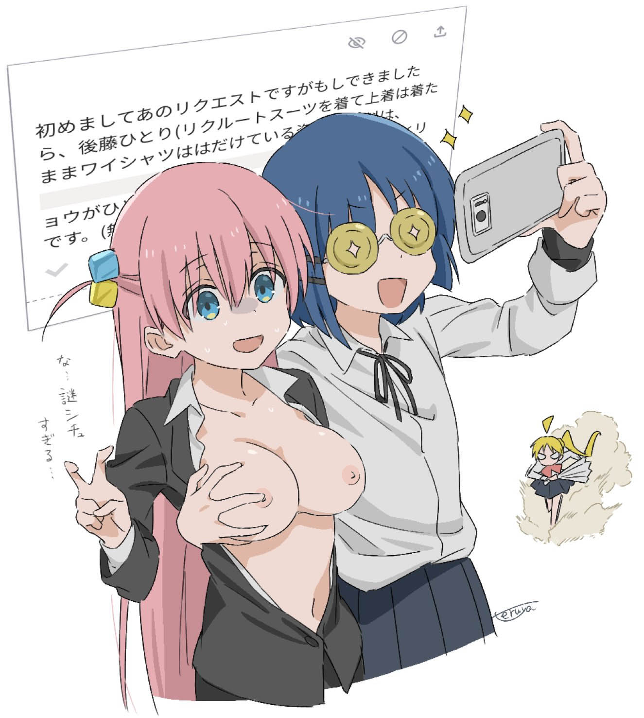 3girls ahoge black_jacket black_ribbon blonde_hair blue_hair blue_skirt bocchi_the_rock! breasts cellphone cleavage collarbone commentary_request cube_hair_ornament gotoh_hitori grabbing_another&#039;s_breast groping hair_ornament hair_ribbon highres holding holding_phone ijichi_nijika jacket large_breasts long_hair multiple_girls navel nipple_stimulation nipples no_bra nude_filter one_side_up open_clothes open_shirt partially_unbuttoned phone pink_hair ribbon school_uniform selfie shimokitazawa_high_school_uniform shirt short_hair side_ponytail simple_background skirt smartphone sparkle teruya_(6w6y) third-party_edit topless_female translation_request v white_background white_shirt yamada_ryo yuri