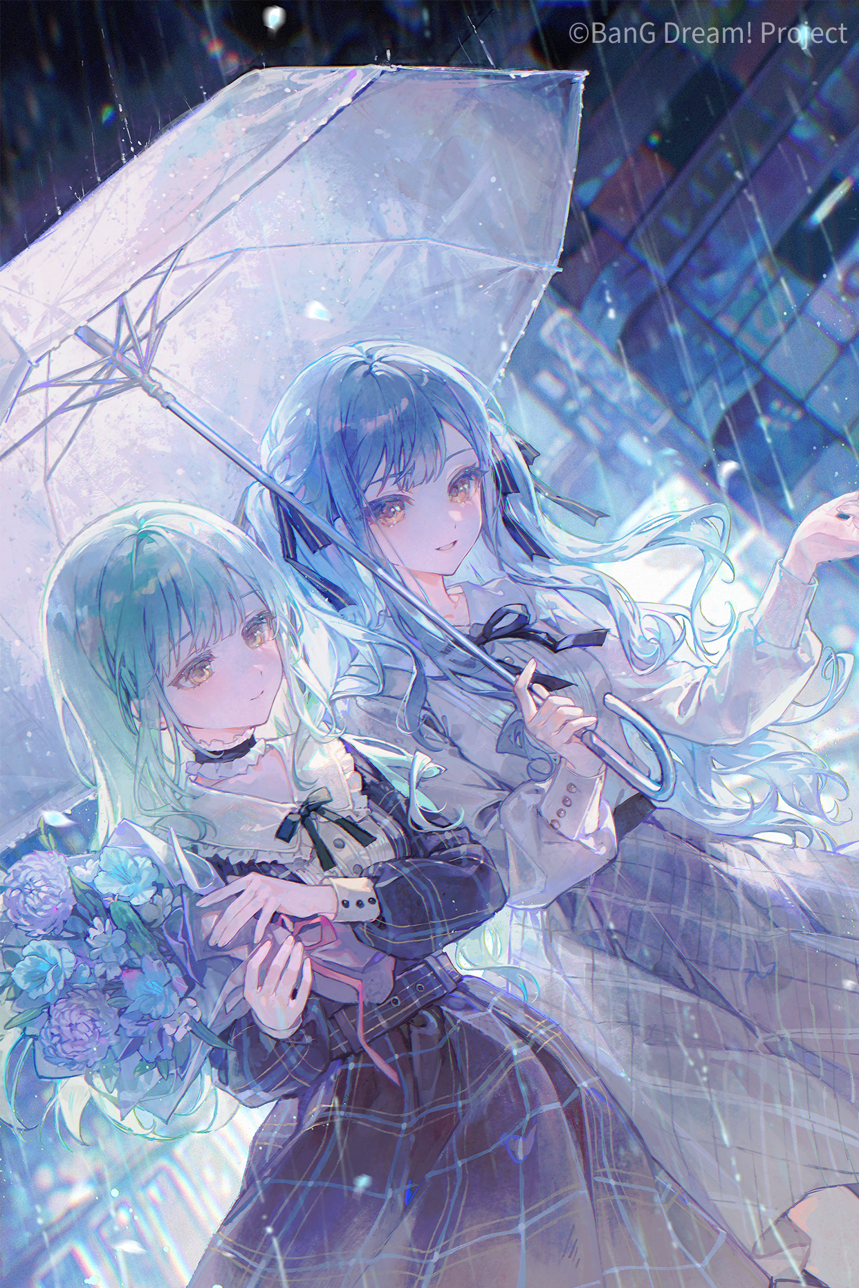 2girls backlighting bad_source bang_dream! bang_dream!_it's_mygo!!!!! belt black_belt black_choker black_dress black_ribbon blue_flower blue_hair blue_theme blurry blurry_background blush bouquet buttons chinese_commentary choker chromatic_aberration city_lights commentary_request copyright_name copyright_notice cucumber depth_of_field dress dutch_angle flower flower_request frilled_choker frilled_shirt_collar frills green_hair grey_skirt hair_ribbon hands_up highres holding holding_bouquet holding_umbrella light_smile long_hair long_sleeves looking_ahead looking_at_viewer maccha_(mochancc) medium_skirt multiple_girls neck_ribbon night official_art outdoors plaid_belt plaid_clothes plaid_dress plaid_skirt puritan_collar purple_flower railing rain ribbon second-party_source shirt side-by-side skirt sleeve_cuffs smile straight_hair togawa_sakiko transparent transparent_umbrella two-handed two_side_up umbrella wakaba_mutsumi white_shirt yellow_eyes