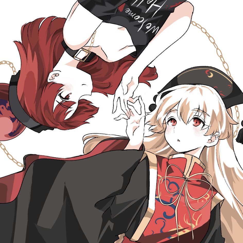 2girls artist_request hecatia_lapislazuli junko_(touhou) multiple_girls neold red_eyes red_hair smile tagme touhou yuri