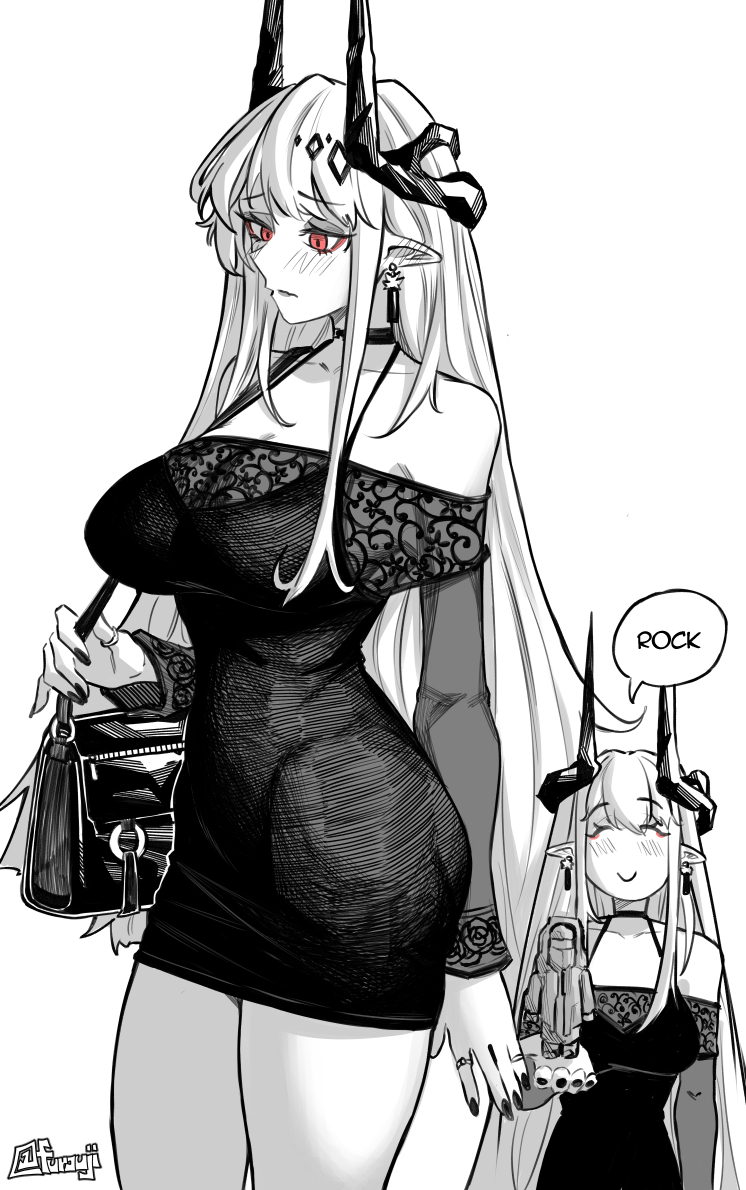 1girl alternate_costume arknights bag bare_shoulders black_dress blush breasts character_doll cleavage collarbone commentary cowboy_shot doctor_(arknights) doll dress ear_blush earrings english_commentary english_text furauji greyscale halterneck horns jewelry large_breasts long_hair long_sleeves monochrome mudrock_(arknights) multiple_rings multiple_views nail_polish off-shoulder_dress off_shoulder pointy_ears red_eyes ring short_dress shoulder_bag smile spaghetti_strap spot_color thick_thighs thighs twitter_username upper_body white_hair