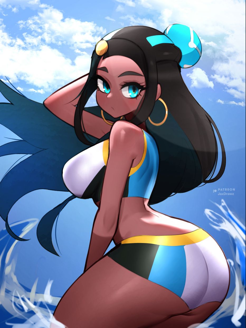 1girl bikini black_hair blue_eyes blue_hair breasts crop_top dark-skinned_female dark_skin earrings hair_bun highres hoop_earrings jaxdrawz jewelry long_hair looking_at_viewer multicolored_hair nessa_(pokemon) nintendo pokemon pokemon_swsh single_hair_bun solo swimsuit tankini two-tone_hair