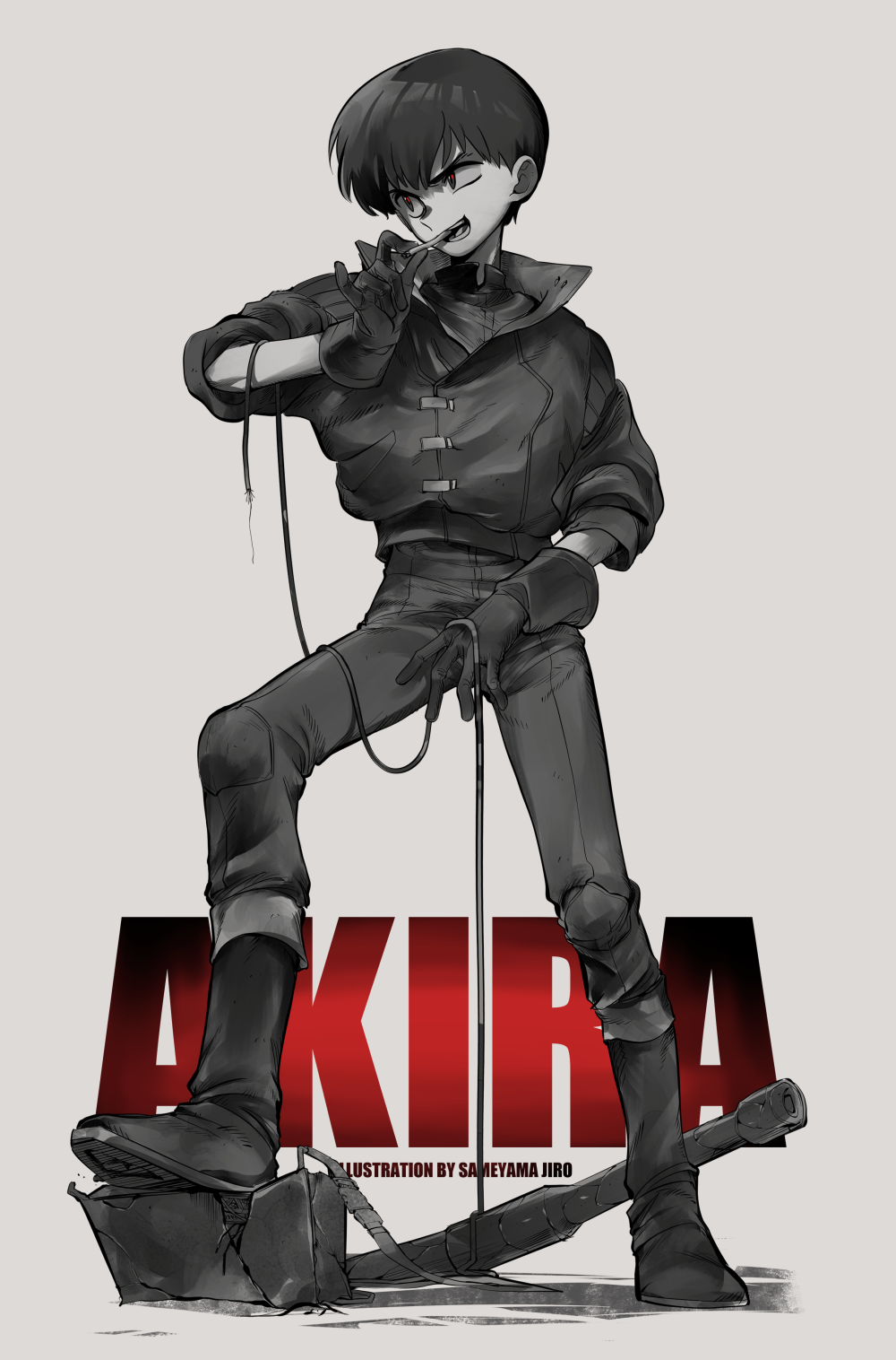 1boy akira_(manga) artist_name captain_morgan_pose cigarette full_body gloves greyscale highres jacket kaneda_shoutarou_(akira) leather leather_jacket male_focus monochrome pants red_eyes sameyama_jiro short_hair smoking solo spot_color teeth