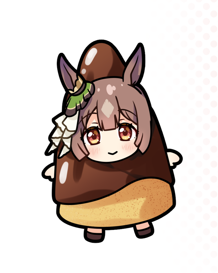1girl :&gt; animal_ears blush brown_hair chibi closed_mouth food goom_(goomyparty) horse_ears in_food looking_at_viewer orange_eyes satono_diamond_(umamusume) smile solo takenoko_no_sato umamusume