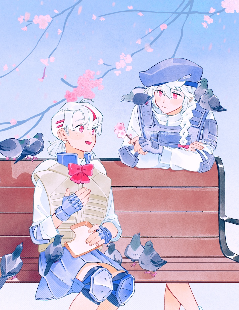 2girls animal animal_on_shoulder bench beret bird bird_on_shoulder bow bowtie braid bulletproof_vest elbow_pads fingerless_gloves flower gloves hair_bow hat holding holding_flower holding_food holding_sandwich kanna_(love-bullet) knee_pads koharu_(love-bullet) long_sleeves love-bullet medium_hair multicolored_hair multiple_girls on_bench pigeon pleated_skirt poodpoopsie red_bow red_bowtie red_eyes red_hair sandwich shirt short_twintails single_braid skirt streaked_hair twintails white_hair white_shirt yuri