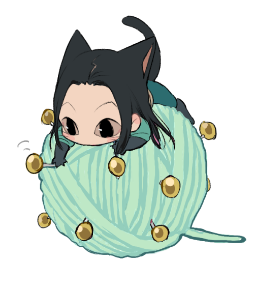 A Black haired cat girl on top of a large ball of yarn