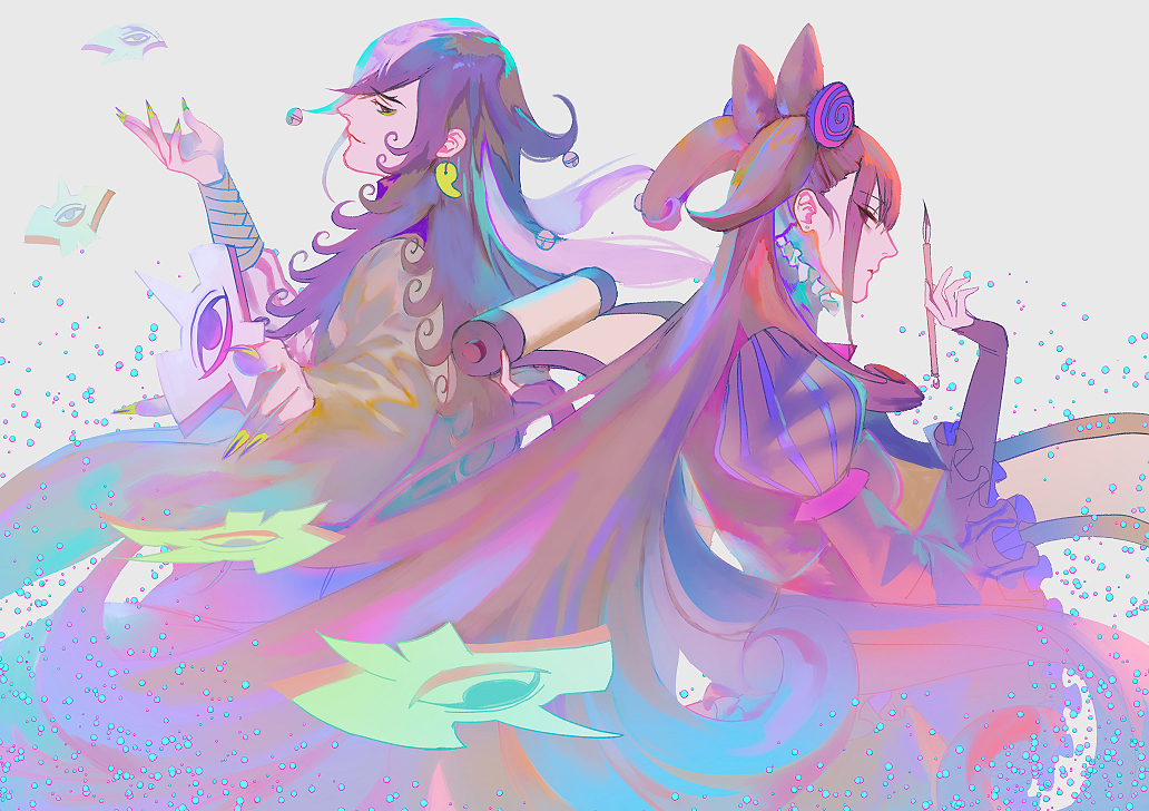 1boy 1girl ashiya_douman_(fate) black_dress black_hair brown_hair daeraeband dress fate/grand_order fate_(series) fingernails holding holding_paintbrush japanese_clothes multicolored_hair murasaki_shikibu_(fate) murasaki_shikibu_(first_ascension)_(fate) paintbrush sharp_fingernails two-tone_hair white_hair