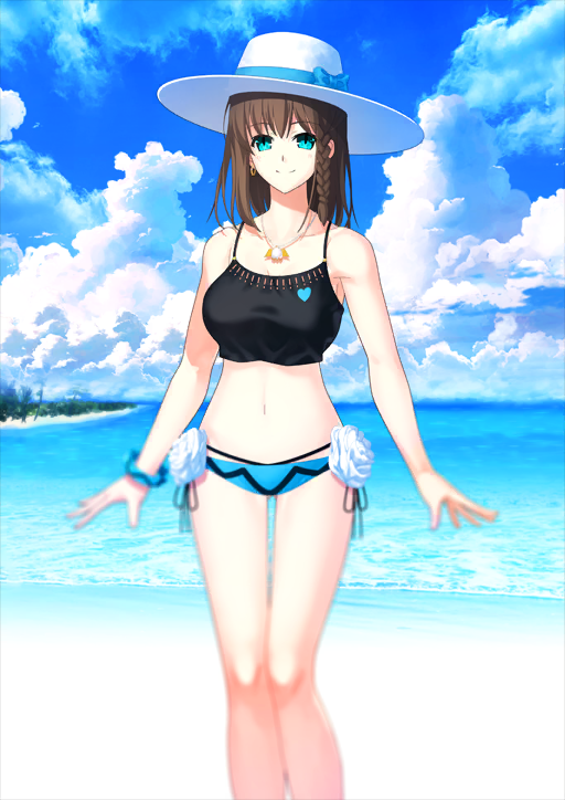 1girl aotsuki_takao aqua_eyes arms_at_sides bare_arms bare_legs bare_shoulders beach bikini black_bikini blue_bikini blue_bow blue_ribbon blue_sky blurry bow bracelet braid braided_sidelock breasts brown_hair charlotte_corday_(fate) charlotte_corday_(swimsuit_caster)_(first_ascension)_(fate) closed_mouth cloud collarbone day earrings fate/grand_order fate_(series) feet_out_of_frame flower game_cg gluteal_fold gold_earrings hat hat_bow hat_ribbon hoop_earrings horizon jewelry large_breasts legs_together looking_at_viewer medium_hair mismatched_bikini multi-strapped_bikini_bottom navel ocean official_art outstretched_hand pendant ribbon side-tie_bikini_bottom sidelocks single_braid sky smile solo spaghetti_strap standing stomach sun_hat swimsuit thigh_gap third-party_source variant_set white_flower white_hat