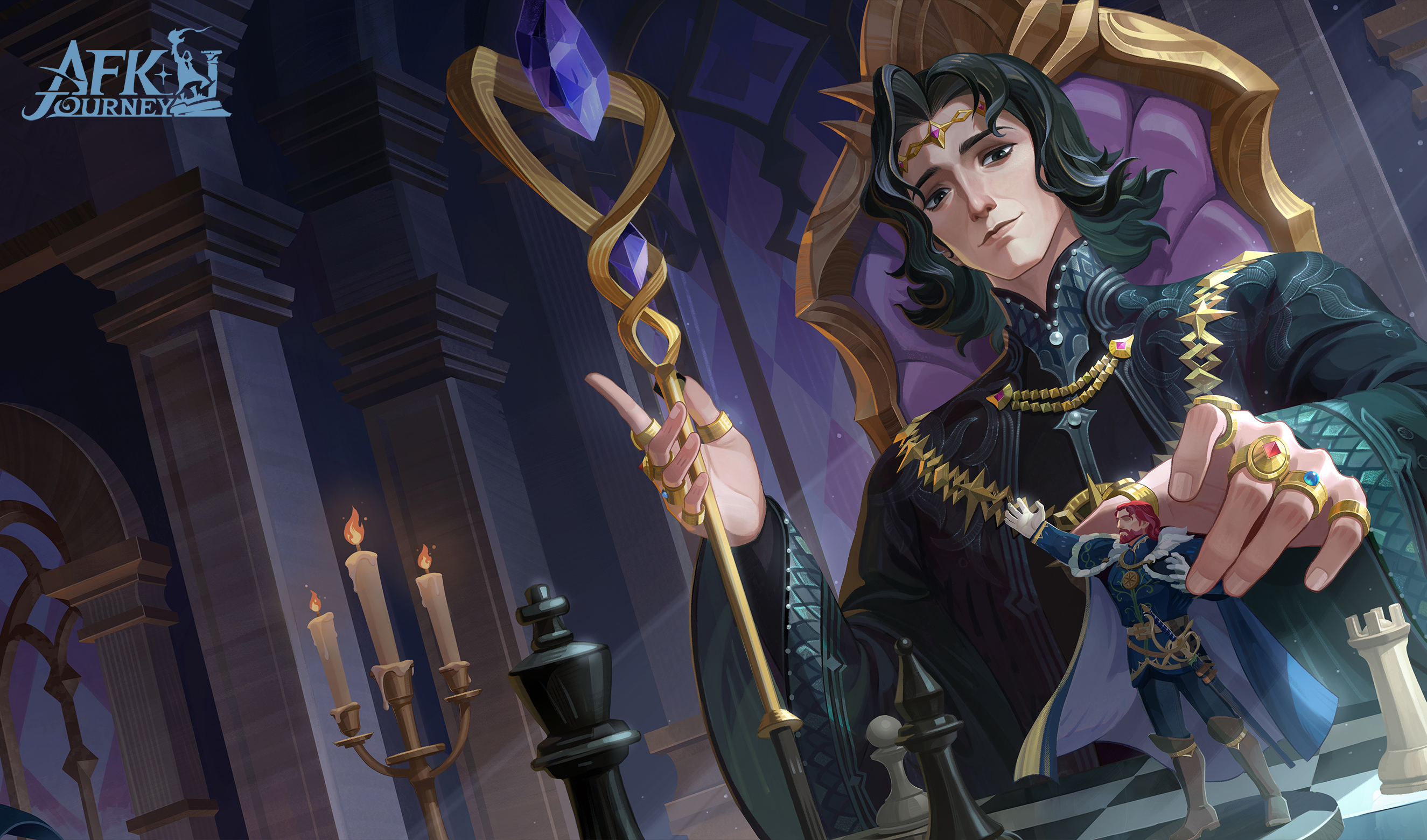 1boy afk_(series) afk_journey black_eyes black_hair black_robe blue_gemstone board_game candle candlestand chair chess chess_piece chessboard circlet closed_mouth commentary copyright_name cyran_(afk) english_commentary fire gem gold_necklace gold_ring hand_up highres holding holding_staff indoors jewelry king_(chess) logo long_sleeves looking_at_viewer mage_staff male_focus multiple_rings necklace official_art parted_bangs purple_gemstone red_gemstone ring robe short_hair sigmund_(afk) sitting smile solo staff stained_glass thumb_ring wide_sleeves window