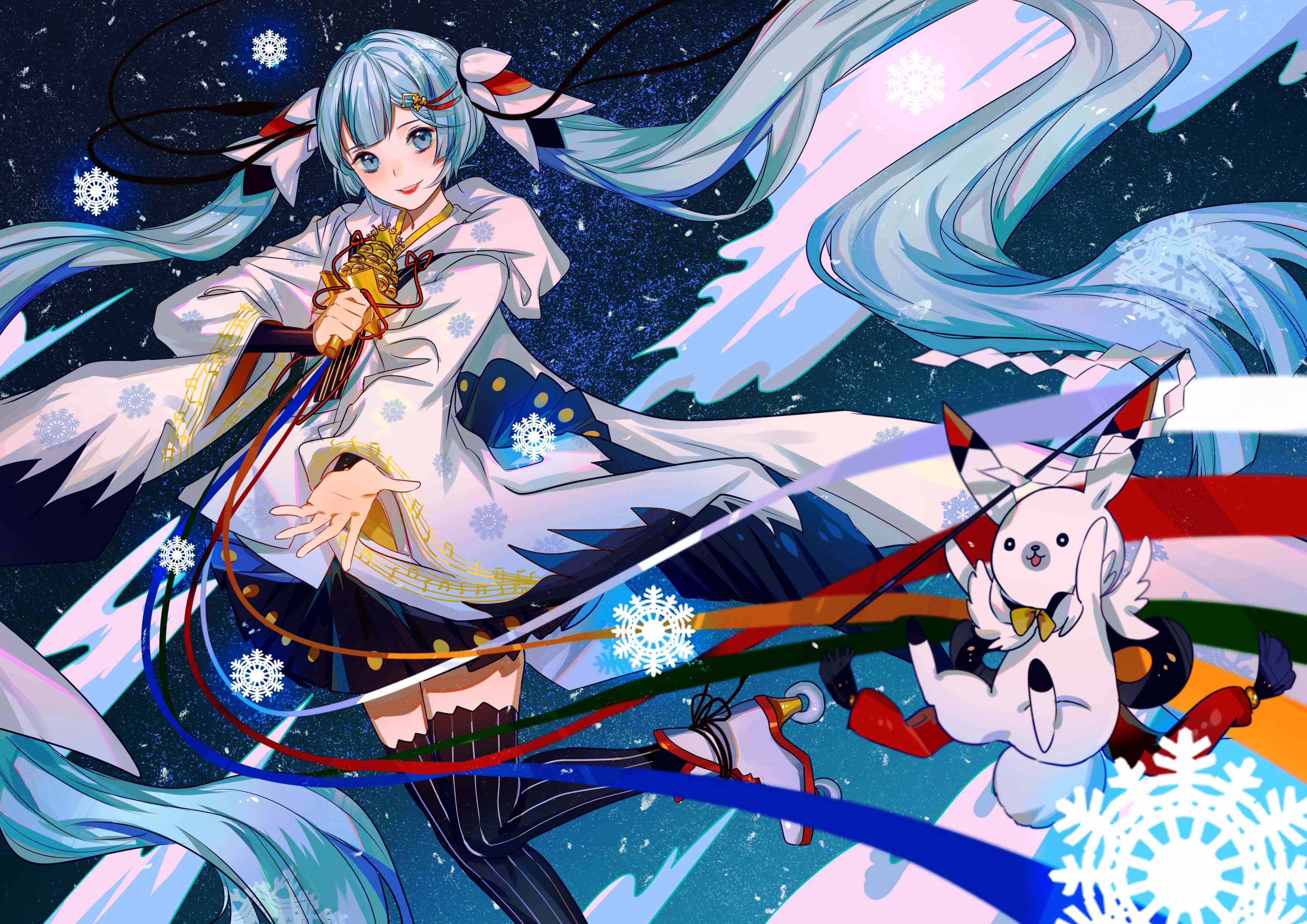 1girl :d absurdly_long_hair absurdres black_ribbon black_skirt blue_eyes blue_hair female_focus floating_hair hair_ribbon hatsune_miku high_heels highres holding jamjar77 leg_up long_hair looking_at_viewer miniskirt open_mouth pinstripe_legwear pinstripe_pattern pleated_skirt rabbit ribbon skirt smile snowflakes solo striped_clothes striped_thighhighs thighhighs twintails vertical-striped_clothes vertical-striped_thighhighs very_long_hair vocaloid white_footwear yuki_miku zettai_ryouiki
