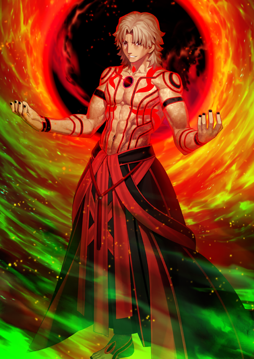 1boy abs arm_tattoo barefoot black_nails black_skirt brown_eyes chest_tattoo curtained_hair fate/grand_order fate_(series) feet_out_of_frame fingernails game_cg glowing_tattoo grin hands_up hole_in_chest hole_on_body kotomine_kirei light_particles long_skirt looking_at_viewer male_focus medium_hair navel official_art pectorals rasputin_(fate) rasputin_(third_ascension)_(fate) skirt smile solo standing takeuchi_takashi tattoo teeth third-party_source toned toned_male v-shaped_eyebrows variant_set white_hair