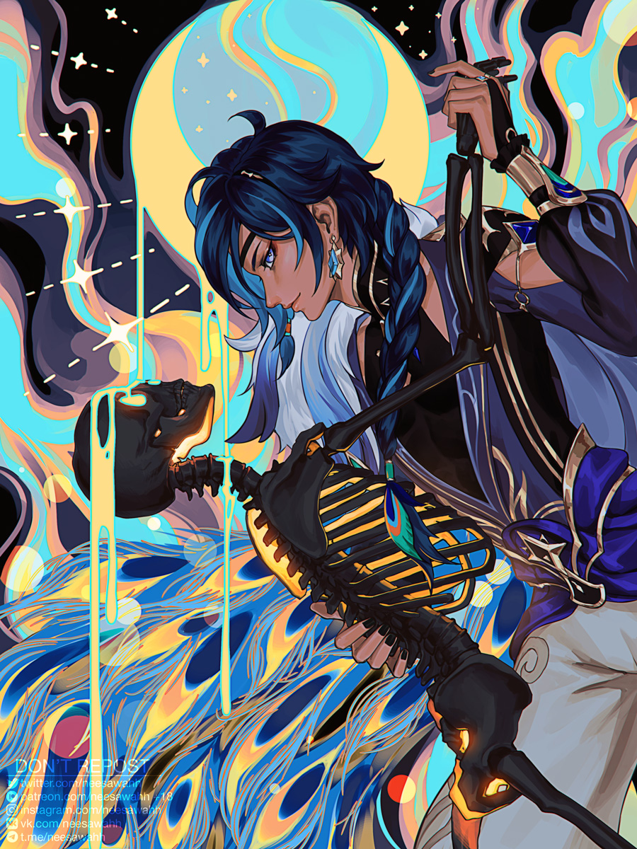 1boy arm_up artist_name black_nails black_shirt blue_eyes blue_gemstone blue_hair blue_jacket blue_sash braid bridal_gauntlets closed_mouth clothing_cutout cowboy_shot dancing dark-skinned_male dark_skin dripping earrings feather_hair_ornament feathers fingernails frilled_sleeves frills gem genshin_impact hair_between_eyes hair_ornament hair_over_shoulder hashtag-only_commentary highres instagram_logo instagram_username jacket jewelry kaeya_(genshin_impact) kaeya_(sailwind_shadow)_(genshin_impact) leaning_forward long_hair long_sleeves looking_at_viewer male_focus multicolored_hair nail_polish neesawahh official_alternate_costume official_alternate_hairstyle pants patreon_logo patreon_username peacock_feathers profile sash shirt shoulder_cutout sidelocks sideways_glance single_braid skeleton sleeveless sleeveless_shirt smile solo streaked_hair twitter_logo twitter_username vkontakte_logo vkontakte_username watermark web_address white_pants