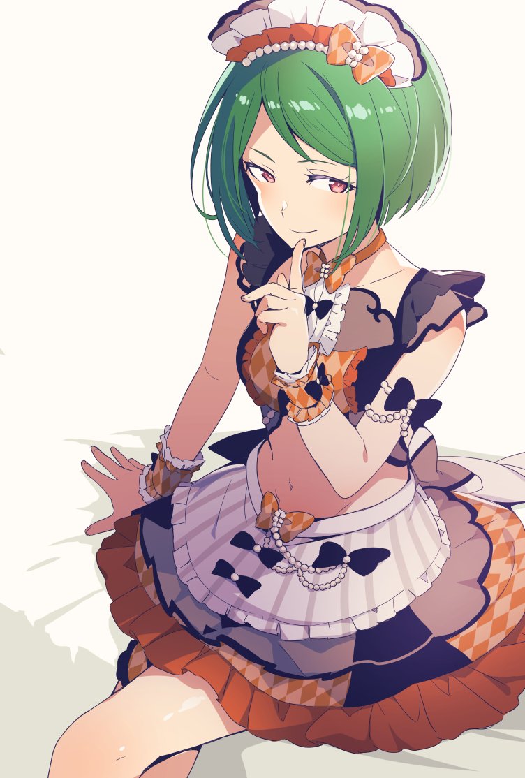 1girl apron bow closed_mouth collarbone cowboy_shot crop_top finger_to_mouth frilled_skirt frills green_hair hand_up index_finger_raised kiratto_pri_chan looking_at_viewer maid_apron maid_headdress midorikawa_sara nabeshima_(pon_nbsm) navel pretty_series red_eyes shirt short_hair sitting skirt smile solo summer_maid_coord third-party_source waist_apron white_background wrist_cuffs
