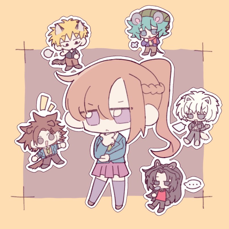 1girl 5boys animal_ears aqua_hair bigu_uuu black_hair blonde_hair braid brown_hair chidouin_sara dog_ears dog_tail high_ponytail hiyori_sou kageyama_ranmaru kimi_ga_shine long_hair multiple_boys open_mouth pink_skirt pleated_skirt ponytail satou_kai shinogi_keiji single_sidelock skirt smile tail tazuna_joe