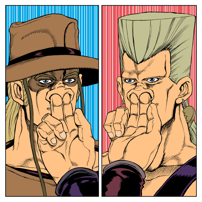 2boys ashiro_(collective-mind) blonde_hair collarbone comic commentary_request cowboy_hat crosshatching earrings finger_in_another&#039;s_nose flattop grey_hair hat hatching_(texture) hol_horse jean_pierre_polnareff jewelry jojo_no_kimyou_na_bouken long_hair male_focus multiple_boys silent_comic stardust_crusaders
