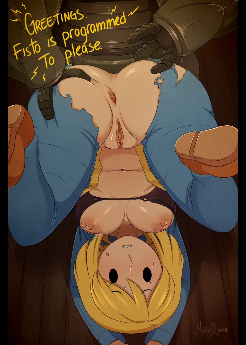 1girl anus artist_name black_bra black_eyes blonde_hair blue_bodysuit bodysuit bra breasts brown_footwear english_text fallout fallout_shelter_online imminent_anal imminent_penetration large_breasts legs_up long_sleeves medium_hair merunyaa nipples parted_lips pillarboxed pussy rape robot shelter_girl_(fallout_shelter_online) signature spread_anus sweat teeth torn_bodysuit torn_clothes uncensored underwear wooden_floor