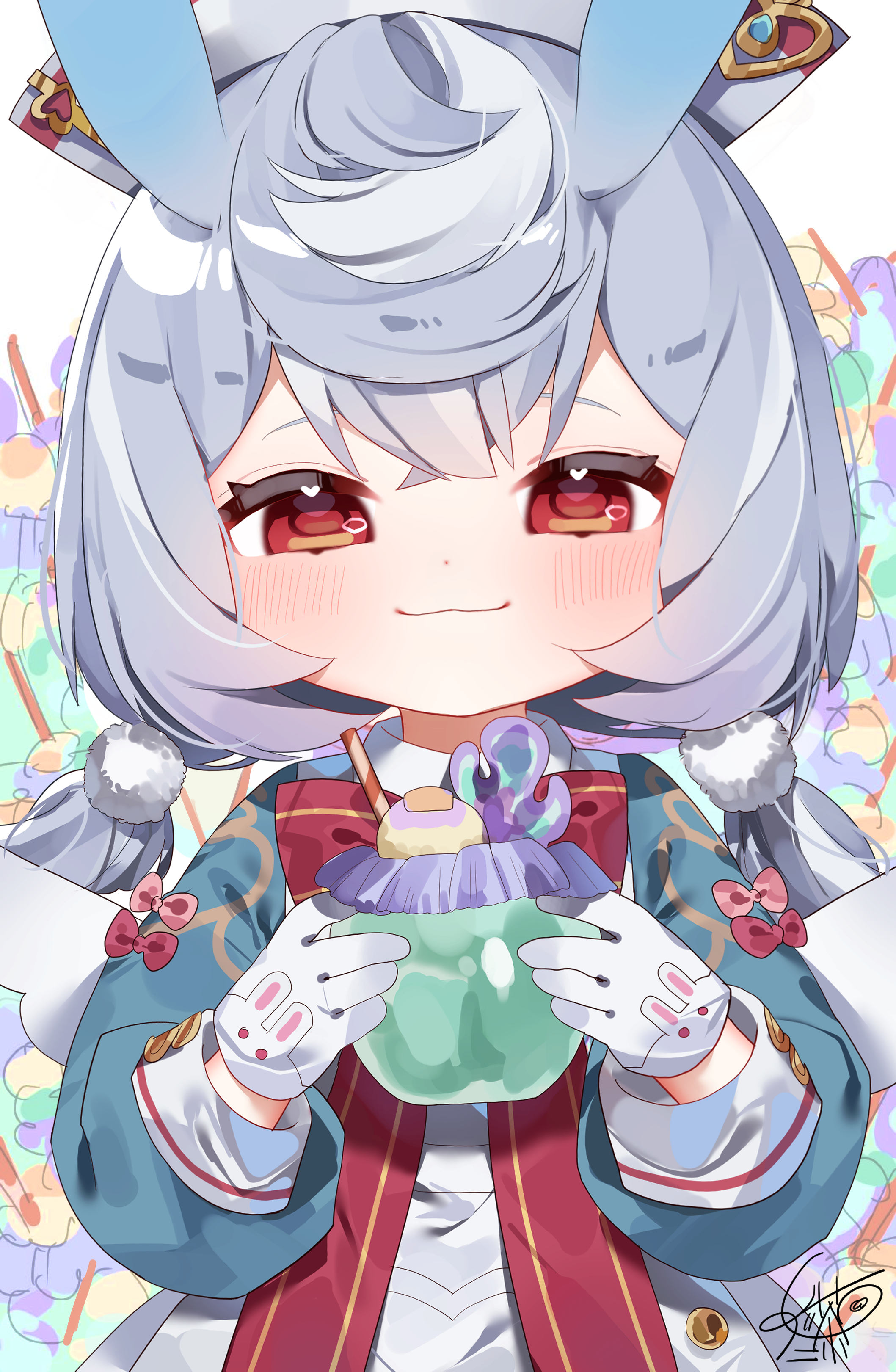 1girl :3 absurdres animal_ears apron aqua_shirt artist_name blue_hair blush bow bowtie closed_mouth commentary_request crossed_bangs cup drinking_straw genshin_impact gloves gradient_hair hair_between_eyes hair_ornament hands_up hat heart highres holding holding_cup long_sleeves looking_at_viewer low_twintails meda_cha medium_hair milkshake multicolored_hair nurse_cap pink_bow pom_pom_(clothes) pom_pom_hair_ornament puffy_long_sleeves puffy_sleeves purple_hair red_bow red_bowtie red_eyes shirt sidelocks sigewinne_(genshin_impact) signature simple_background sleeve_cuffs smile smug solo twintails upper_body white_apron white_background white_gloves white_hat