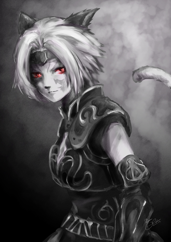 1girl 2019 animal_ears ark_angel ark_angel_mr armor artist_name black_armor black_headband breasts cat_ears cat_girl cat_tail cleavage closed_mouth colored_skin facial_mark final_fantasy final_fantasy_xi hair_intakes headband looking_to_the_side medium_breasts mithra_(ff11) morere no_eyebrows red_eyes short_hair signature solo tail tail_raised white_hair white_skin white_tail