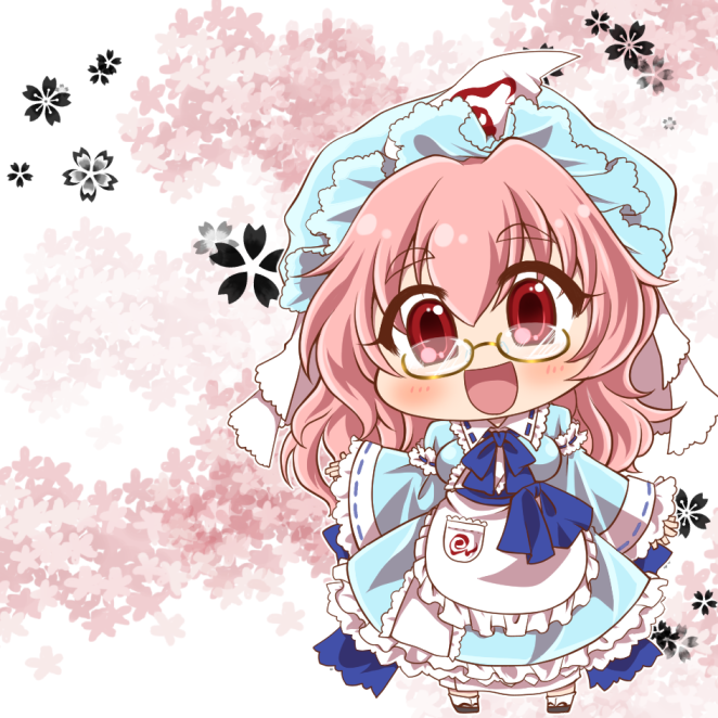 1girl :d blue_bow blue_bowtie blue_kimono blush bow bowtie brown-framed_eyewear chibi chibi_only commentary_request full_body glasses hair_between_eyes hat japanese_clothes kamui_setsuna kimono looking_at_viewer medium_hair mob_cap open_mouth pink_hair red_eyes ribbon-trimmed_sleeves ribbon_trim saigyouji_yuyuko smile solo standing touhou triangular_headpiece