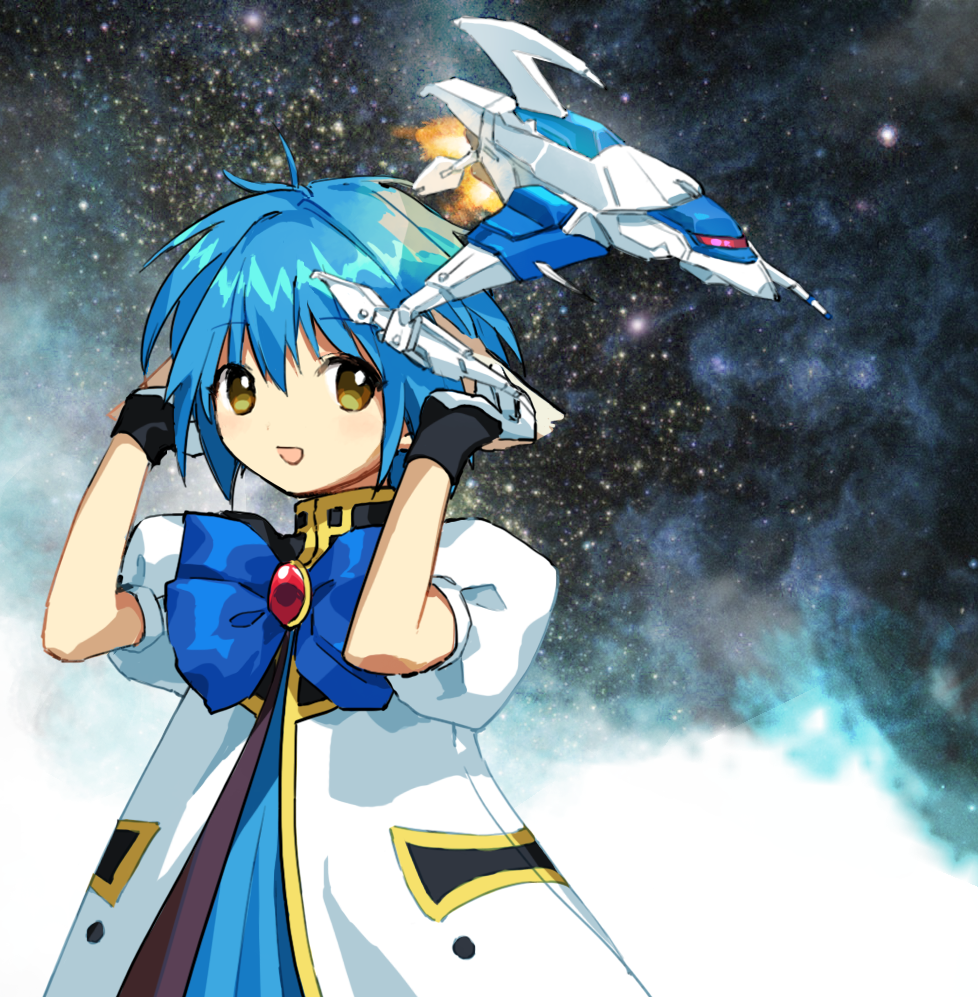 angel_wing_uniform black_gloves blue_dress blue_hair blue_ribbon brooch coat commentary_request dress fingerless_gloves flat_chest galaxy_angel gloves jewelry kaigen_1025 mint_blancmanche neck_ribbon open_clothes open_coat open_mouth puffy_short_sleeves puffy_sleeves red_brooch ribbon short_hair short_sleeves smile spacecraft white_coat yellow_eyes