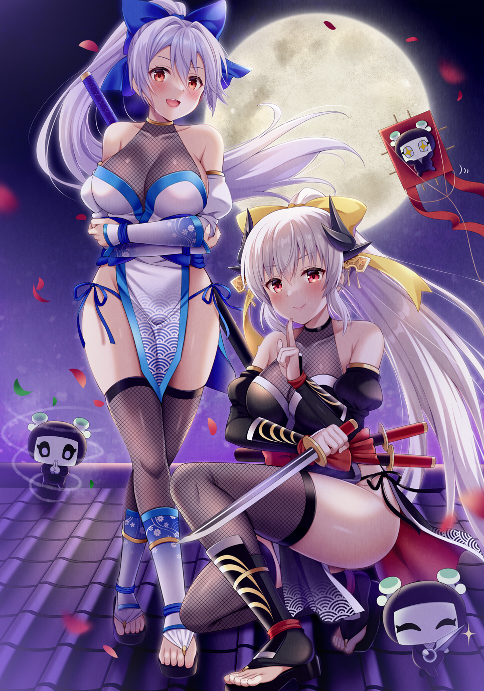2girls alternate_costume black_kimono blue_bow bow breasts detached_sleeves fate/grand_order fate_(series) fishnet_thighhighs fishnets full_moon grey_hair hair_between_eyes hair_bow high_ponytail highres holding holding_sword holding_weapon japanese_clothes kimono kiyohime_(fate) kiyohime_(third_ascension)_(fate) large_breasts long_hair moon multiple_girls night night_sky ninja panties pelvic_curtain ponytail red_eyes rooftop scabbard sheath sheathed side-tie_panties sky suzumia_(daydream) sword thighhighs tomoe_gozen_(fate) underwear weapon white_kimono yellow_bow