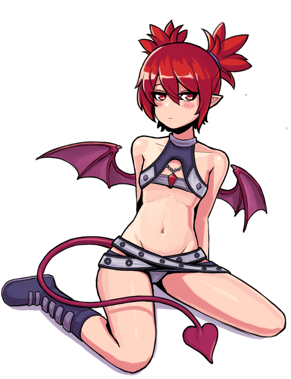 1girl agarest_senki agarest_senki_(series) belt belt_bra belt_skirt blush boots closed_mouth cosplay demon_tail demon_wings disgaea donburi_(donburikazoku) etna_(disgaea) flat_chest fyuria_(agarest_senki) fyuria_(agarest_senki)_(cosplay) highres jewelry kneeling looking_at_viewer midriff pointy_ears red_eyes red_hair short_hair simple_background solo tail transparent_background twintails white_background wings