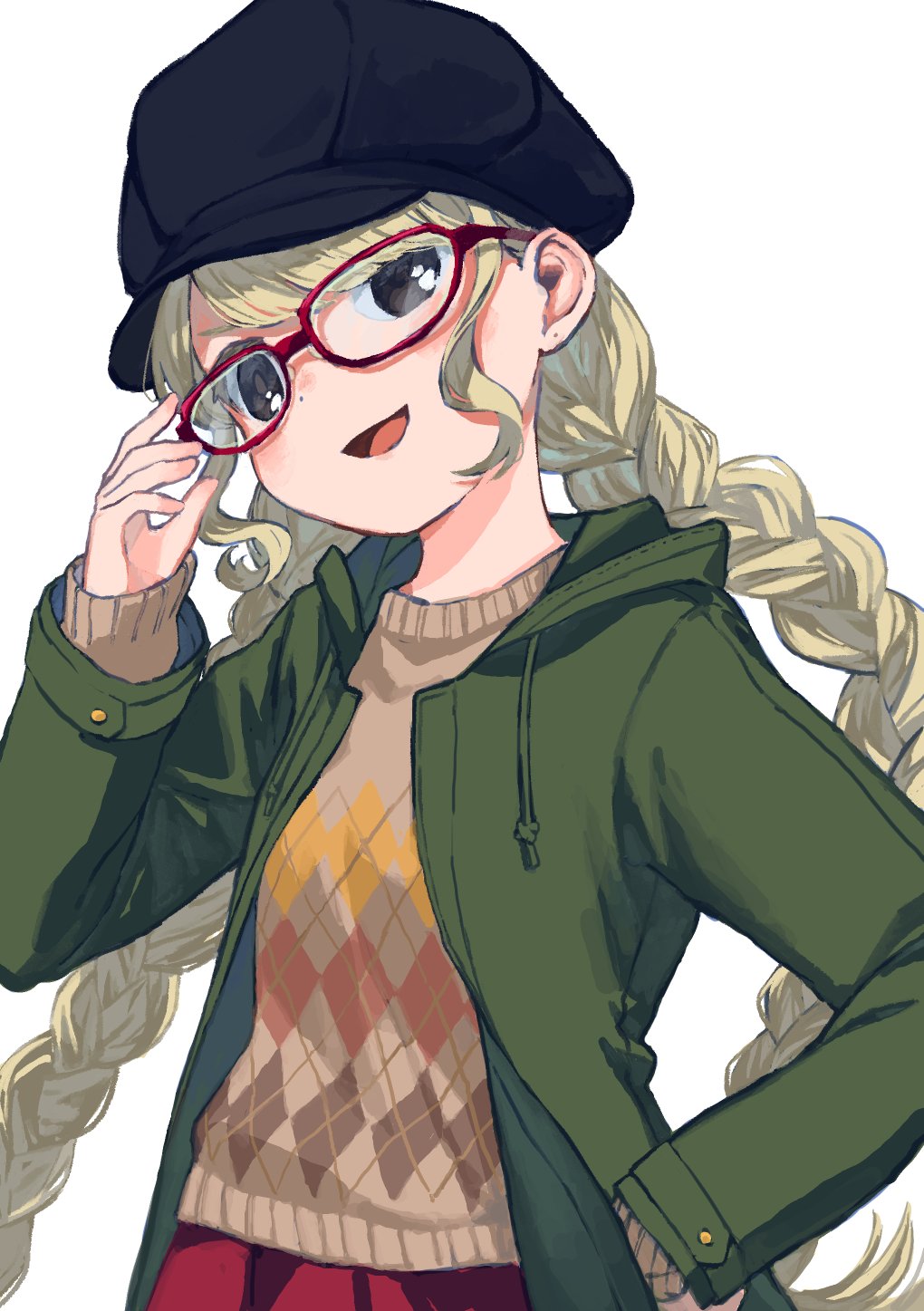 1girl argyle_clothes argyle_sweater black_eyes black_hat blonde_hair braid glasses green_jacket hat highres hood hood_down hooded_jacket jacket karamomo long_hair long_sleeves looking_at_viewer open_clothes open_jacket open_mouth original red-framed_eyewear simple_background solo sweater twin_braids upper_body very_long_hair white_background