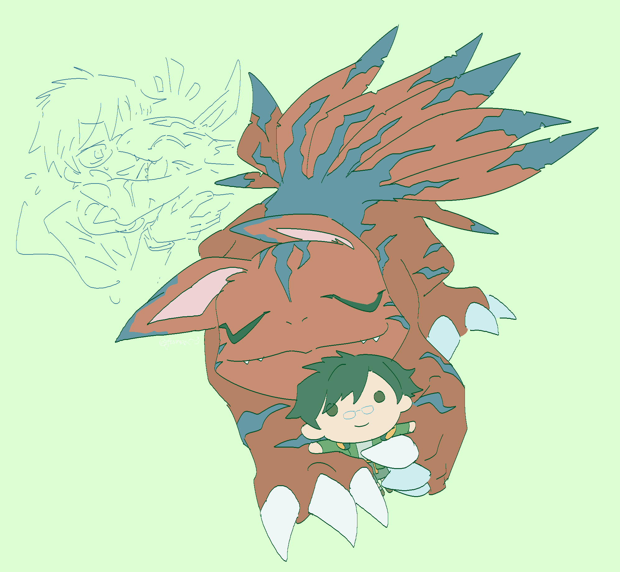 digimon digimon_(creature) digimon_rearise elecmon fang glasses highres looking_at_another sleeping tamada_keito