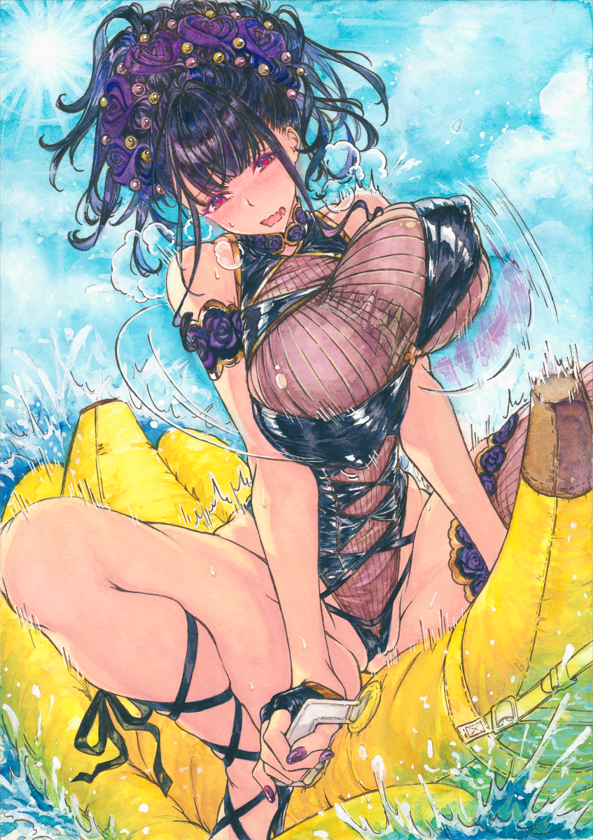 1girl armlet banana_boat bare_shoulders black_gloves black_one-piece_swimsuit blue_sky blush breasts chikinan_tarou covered_erect_nipples covered_navel fate/grand_order fate_(series) fingerless_gloves flower gloves gold_trim hair_flower hair_ornament half_gloves highleg highleg_one-piece_swimsuit highres jewelry large_breasts long_hair looking_at_viewer murasaki_shikibu_(fate) murasaki_shikibu_(swimsuit_rider)_(fate) murasaki_shikibu_(swimsuit_rider)_(first_ascension)_(fate) one-piece_swimsuit open_mouth painting_(medium) purple_eyes purple_hair sky solo spread_legs swimsuit thighs traditional_media water watercolor_(medium)