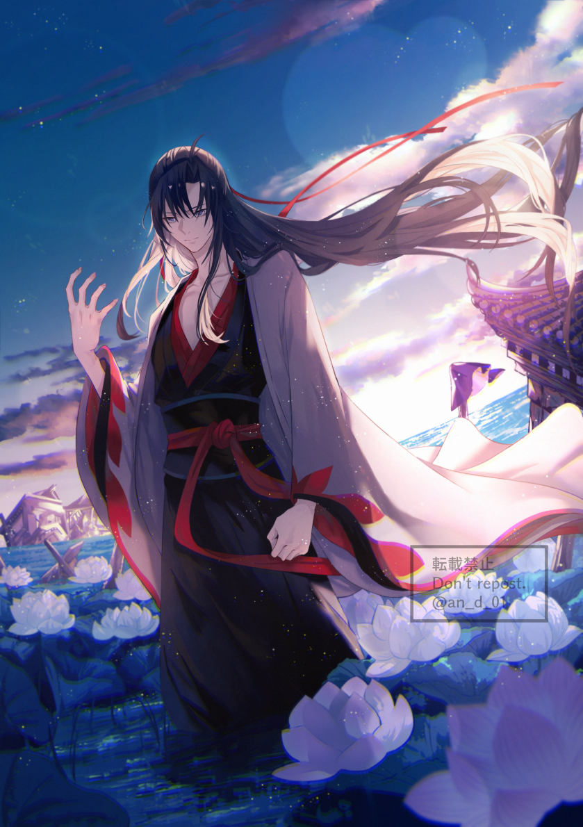 1boy ahoge an_d_01 architecture bishounen black_hair black_hanfu blue_sky blurry bokeh building chinese_clothes closed_mouth cloud cloudy_sky coat collarbone day depth_of_field dutch_angle east_asian_architecture floating_hair flower grey_coat grey_eyes hair_down hair_ribbon half_updo hand_up hanfu lens_flare light_particles long_hair long_sleeves looking_at_viewer looking_down lotus lotus_leaf male_focus modao_zushi official_alternate_costume official_alternate_hairstyle open_clothes open_coat outdoors parted_bangs red_ribbon red_sash ribbon robe sash sidelocks sky smile solo standing twitter_username very_long_hair wading water watermark wei_wuxian wei_wuxian_(yiling_laozu) white_flower wide_sleeves wind